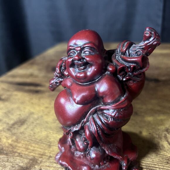 Buddha Vintage Laughing Fat Happy Figurine Red Dark Heavy 4" Carved Details MCM - Picture 11 of 11